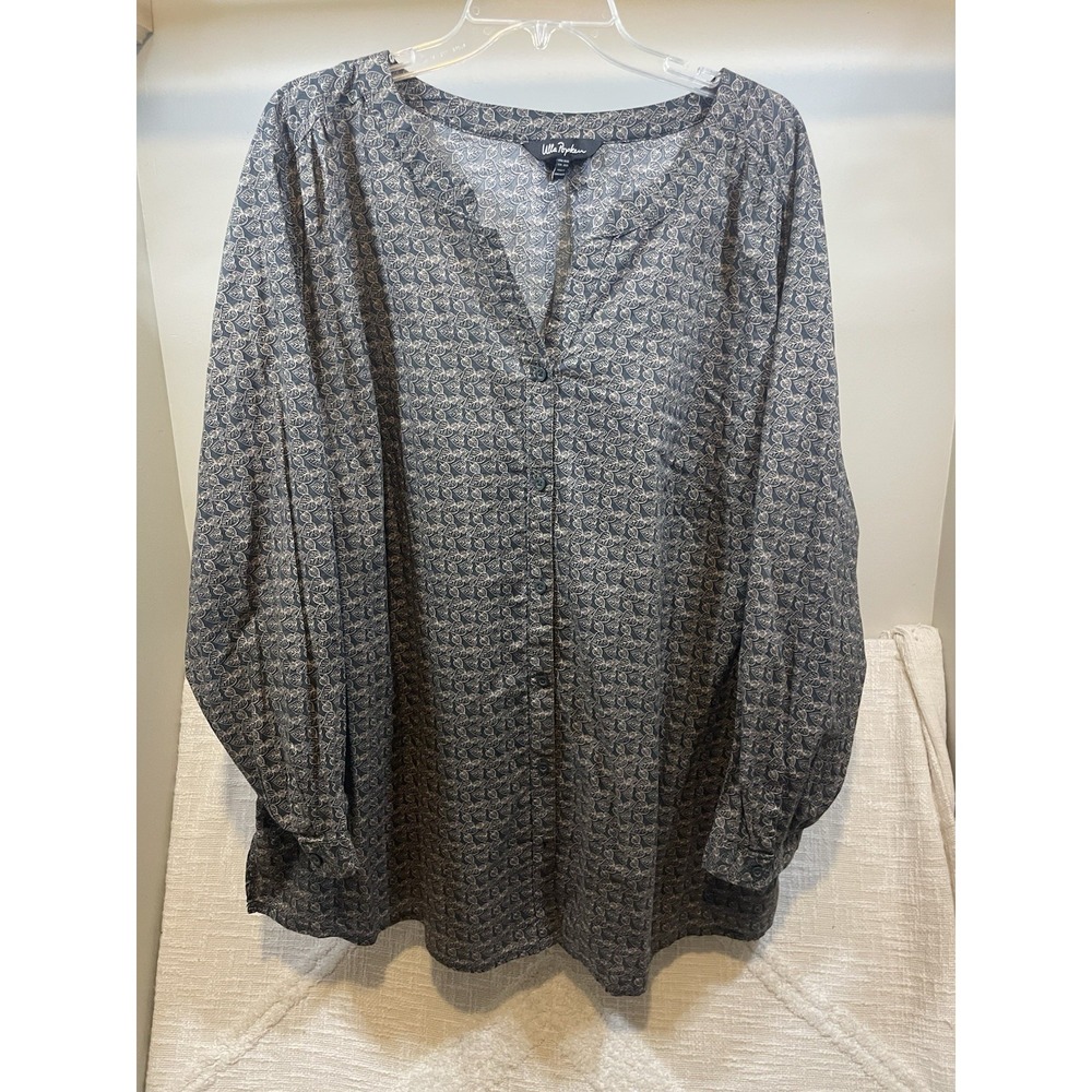 Ulla Popken Brown Fall Leaf Button Down Tunic Length Top Cotton Women's 24/26